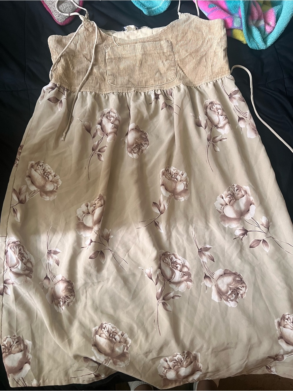 Beige Floral Sundress with Smocked Bodice